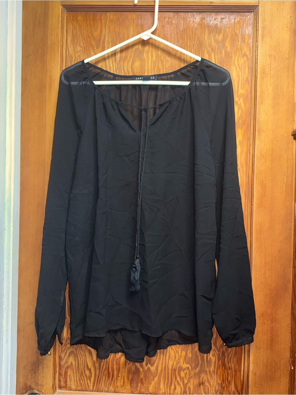 Como Black Long-Sleeve Black Peasant Tunic with Tassel Tie Sheer